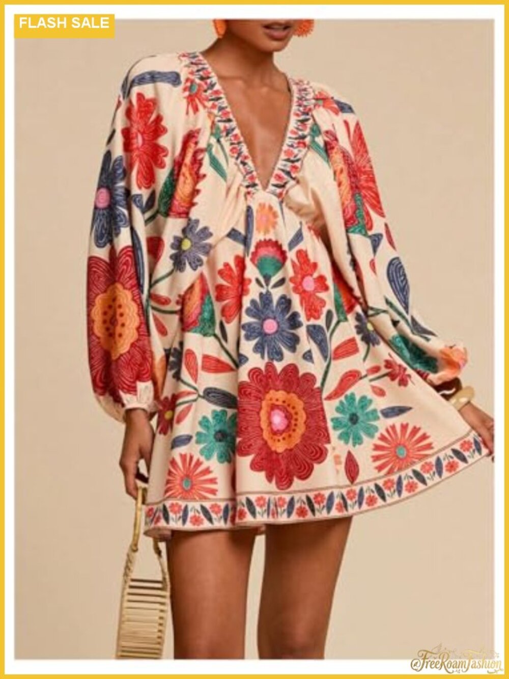 Boho Floral V Neck Mini Dress Bishop Sleeve Tie Back Shift Dress - Picture 2 of 4
